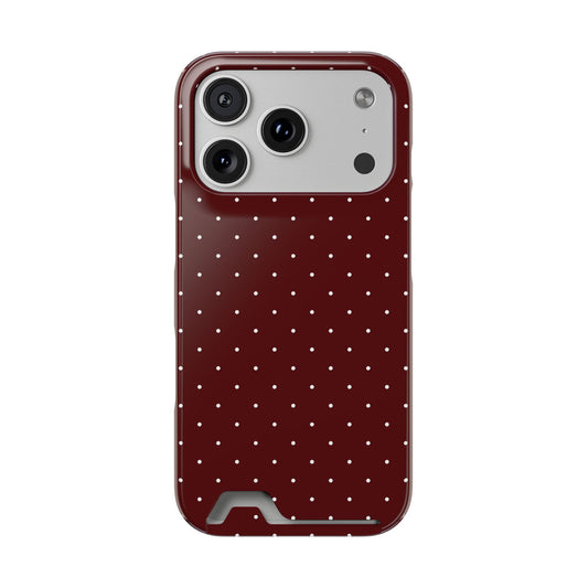 Dark red polka dot phone case with a card slot