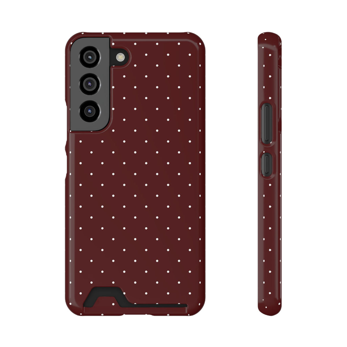 Dark red pin dot phone case on an iPhone