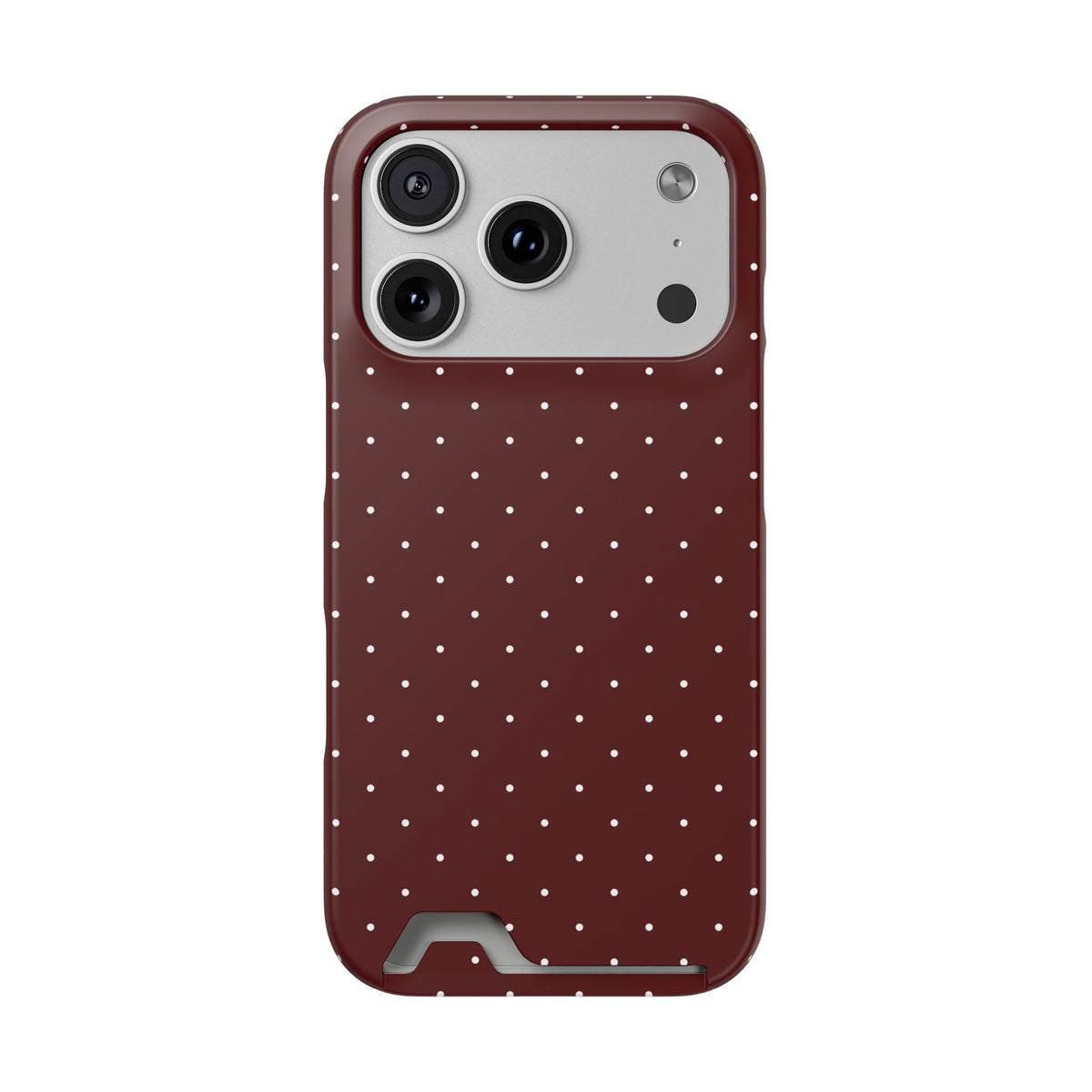 Deep red polka dot phone case held in hand