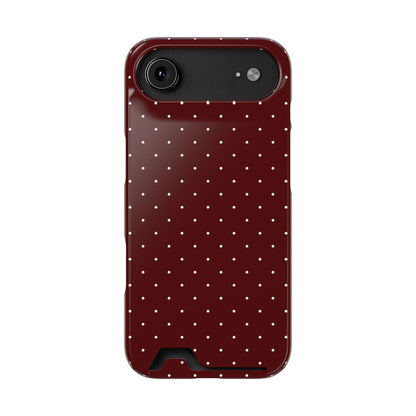 Dark red dotted phone case seen from the side