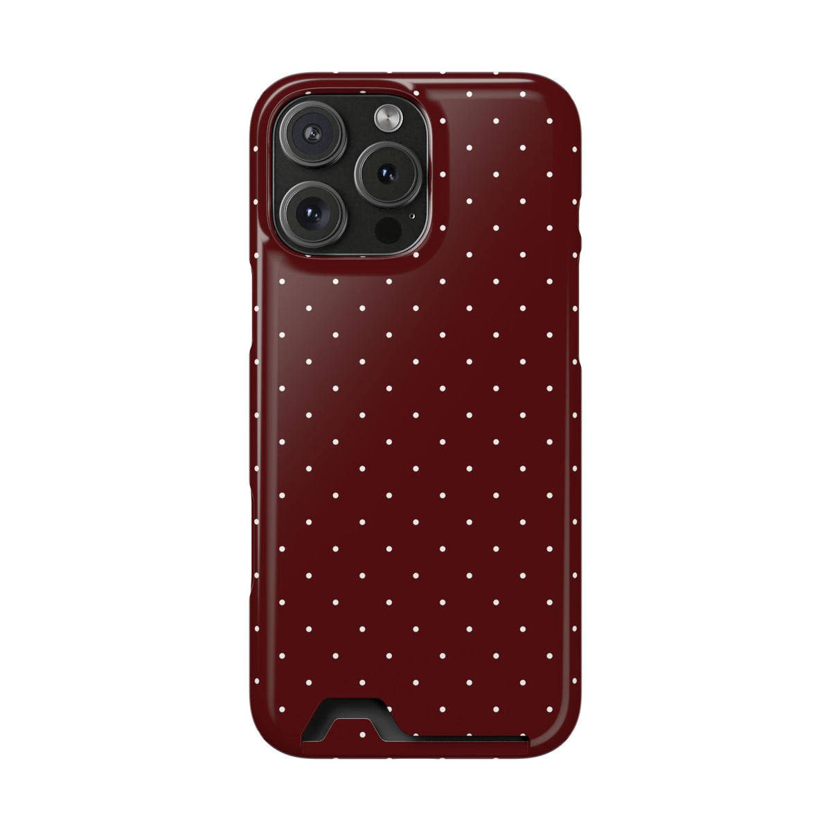 Dark red polka dot phone case with a card in the slot