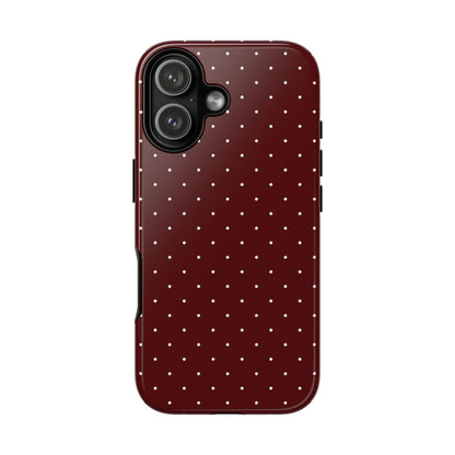 Dark red dotted tough phone case seen from the side