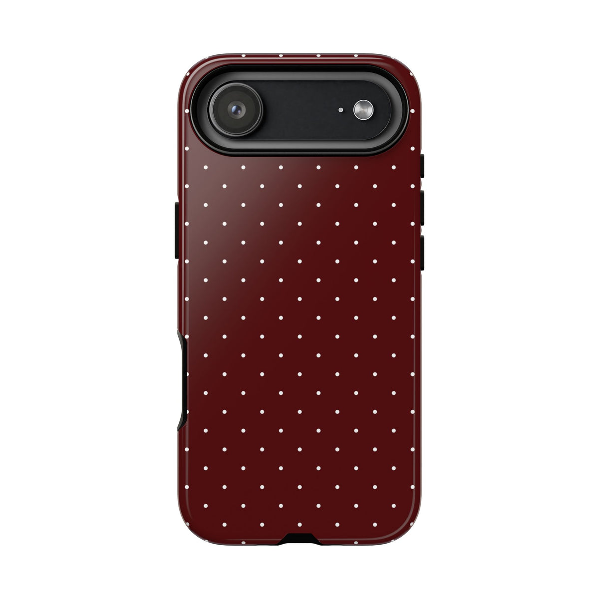 Dark red polka dot tough phone case with raised camera edge