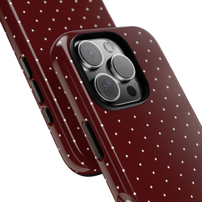 Dark red polka dot tough phone case, back view