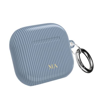 Personalized dusty blue striped AirPod case with gold monogram and carabiner