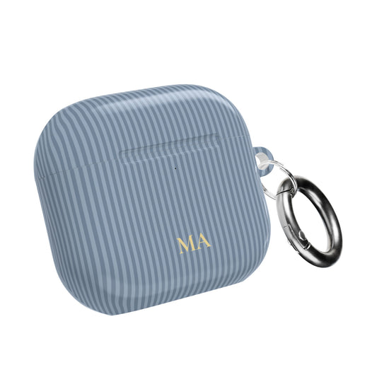 Personalized dusty blue striped AirPod case with gold monogram and carabiner