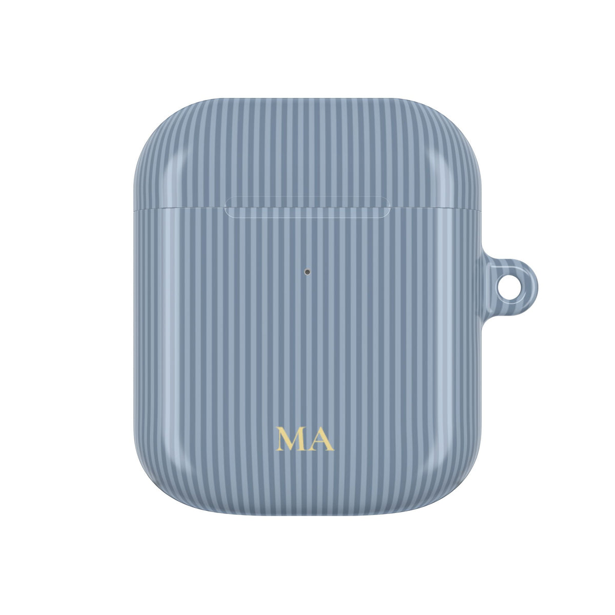 Dusty blue pinstripe AirPod case shown from the front