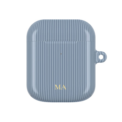 Dusty blue pinstripe AirPod case shown from the front