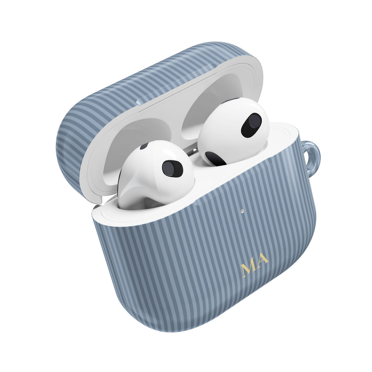 Dusty blue striped AirPod case with initials on the lid
