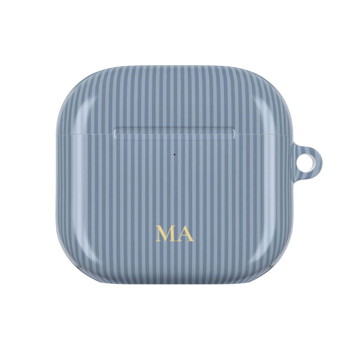 Dusty blue striped personalized AirPod case clipped to a bag