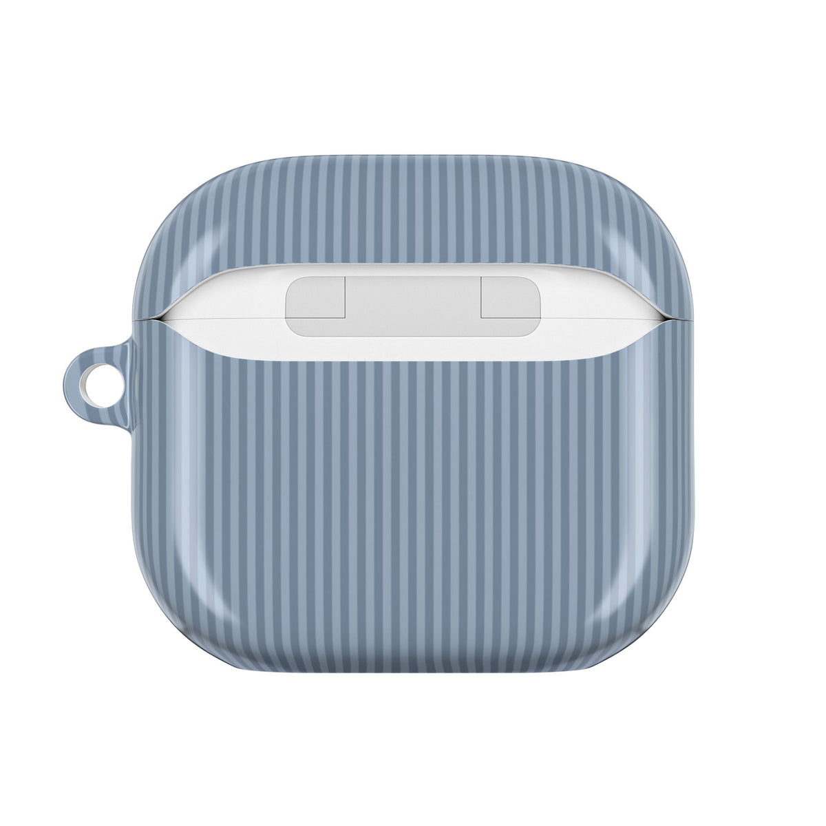 Monogrammed dusty blue striped AirPod case on a neutral background