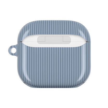 Monogrammed dusty blue striped AirPod case on a neutral background