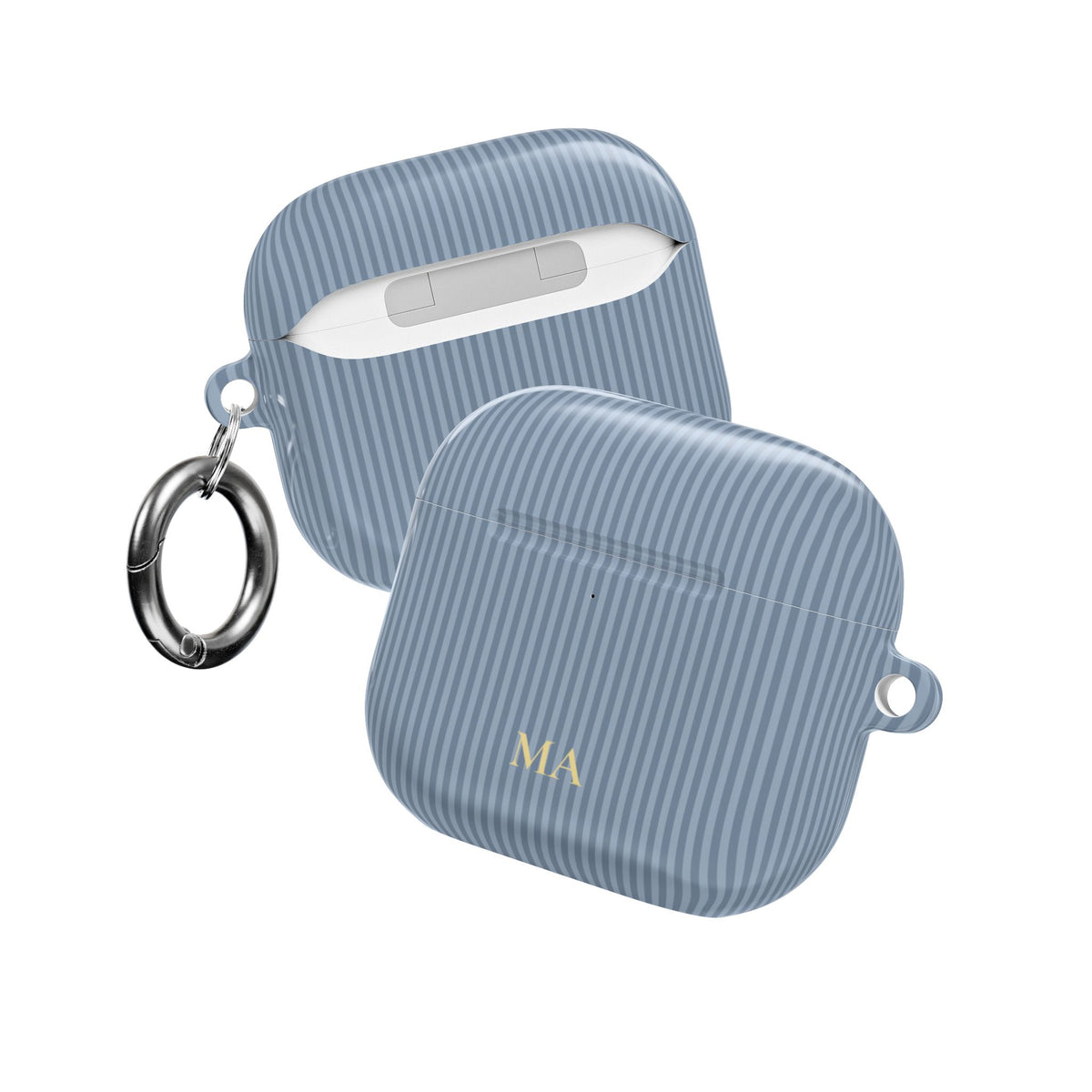 Dusty blue striped AirPod case with carabiner and warm gold initials