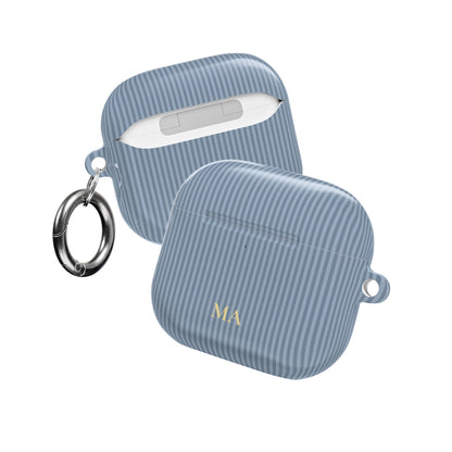 Dusty blue striped AirPod case with carabiner and warm gold initials