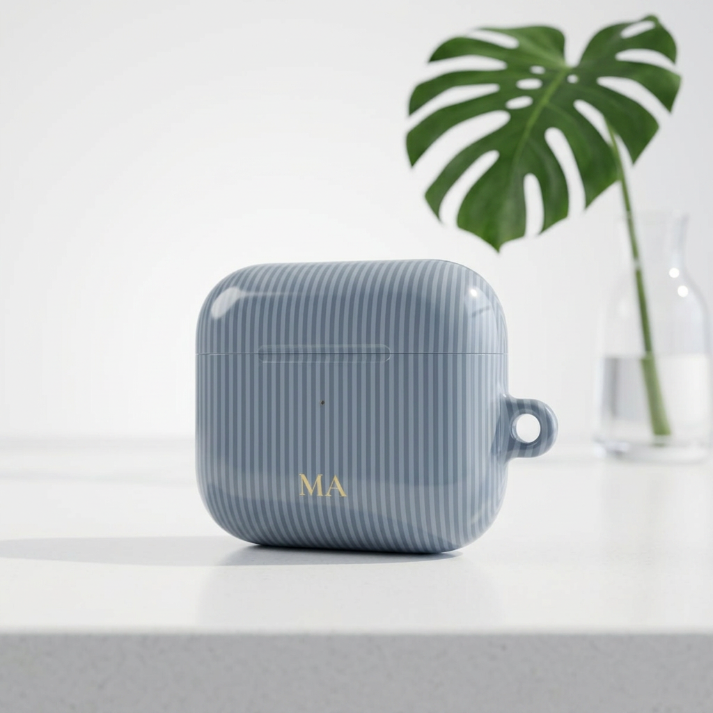 Dusty blue pinstripe print with gold monogram for personalized AirPod case