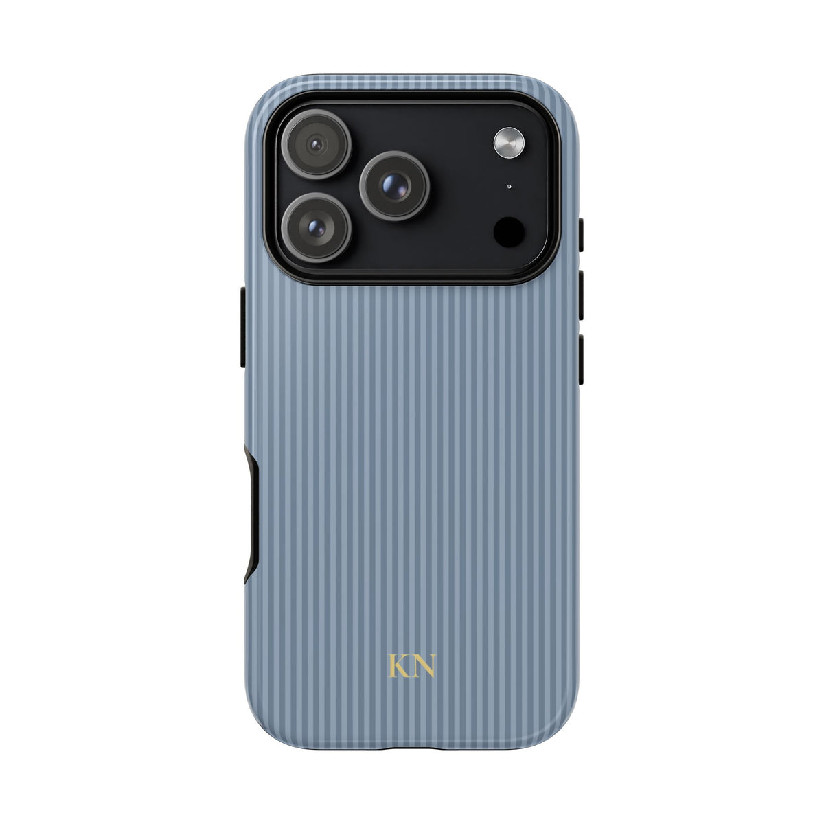 Personalized dusty blue striped tough phone case with gold monogram