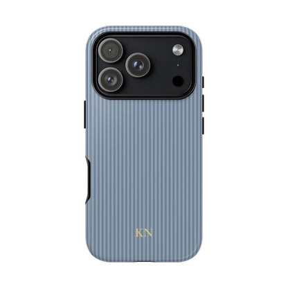 Personalized dusty blue striped tough phone case with gold monogram