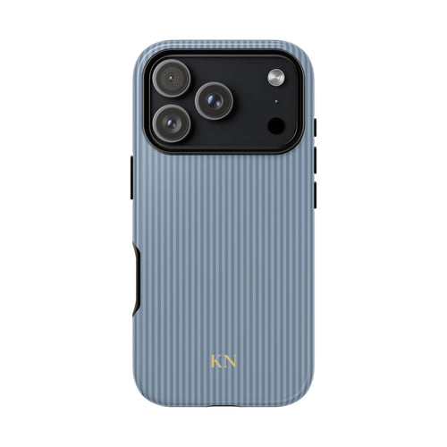 Personalized dusty blue striped tough phone case with gold monogram