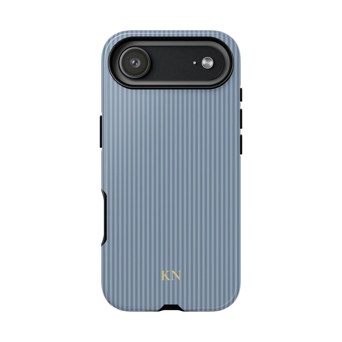 Dusty blue pinstripe tough phone case shown from the back