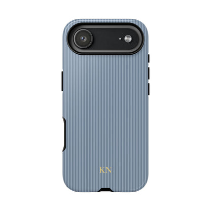 Dusty blue pinstripe tough phone case shown from the back