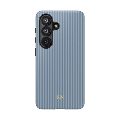 Dusty blue striped dual layer phone case with initials