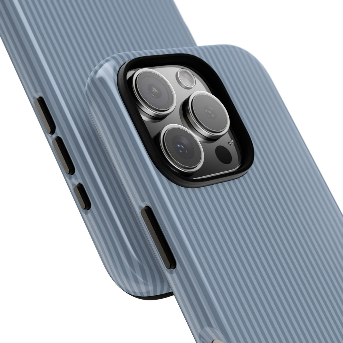Dusty blue striped personalized tough phone case held in hand