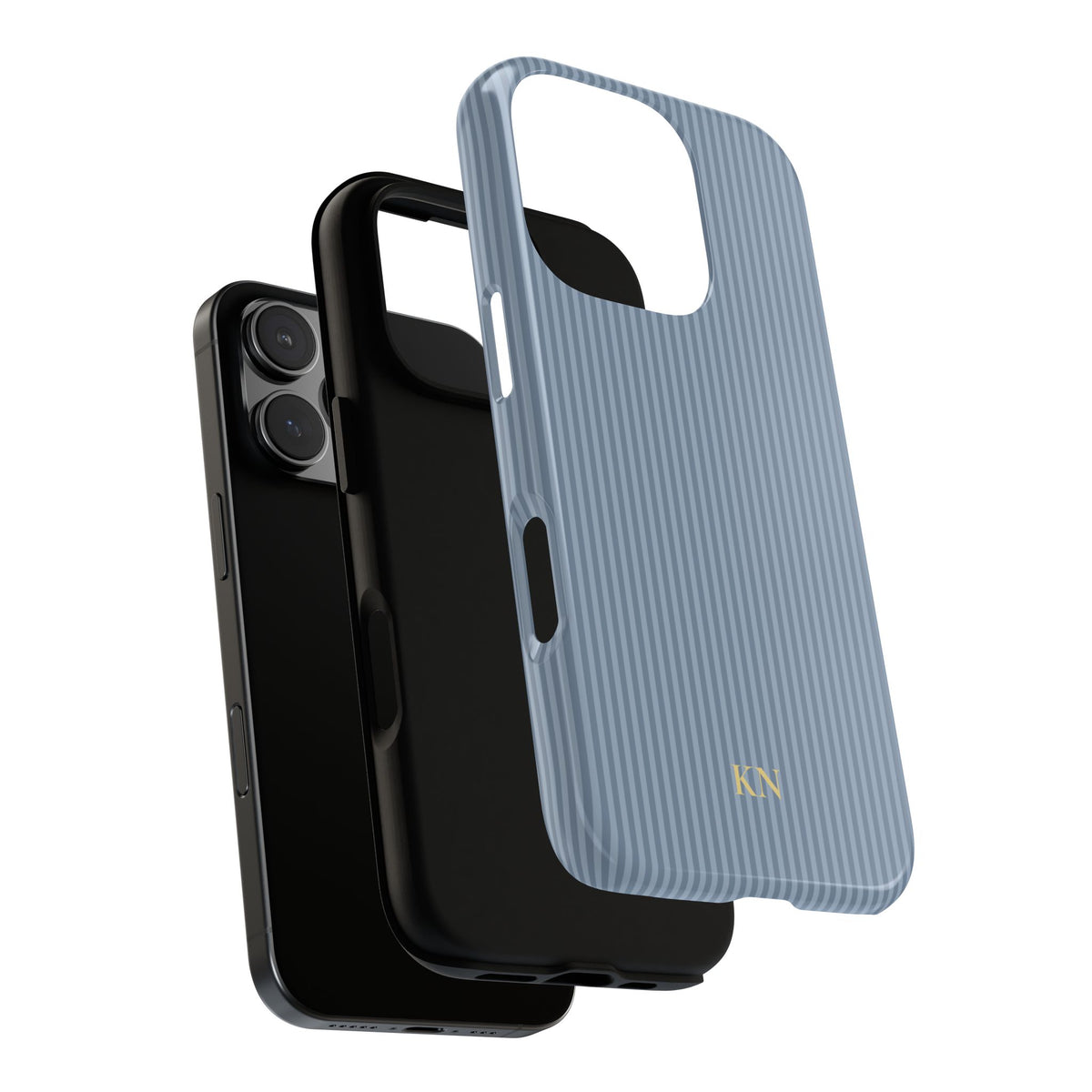 Dusty blue striped tough phone case side view showing the dual layer edge