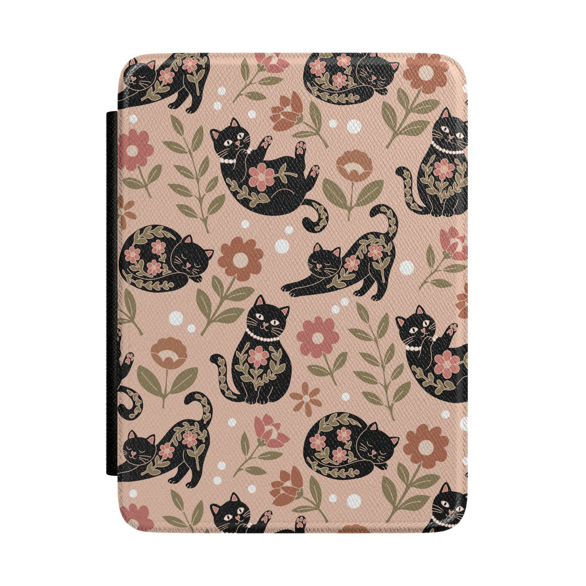 Floral black cat Kindle case, black cats and pink flowers on peach