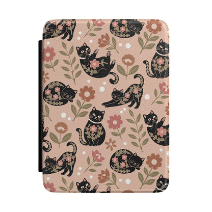 Floral black cat Kindle case, black cats and pink flowers on peach