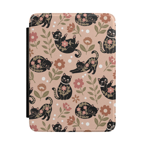 Floral black cat Kindle case, black cats and pink flowers on peach