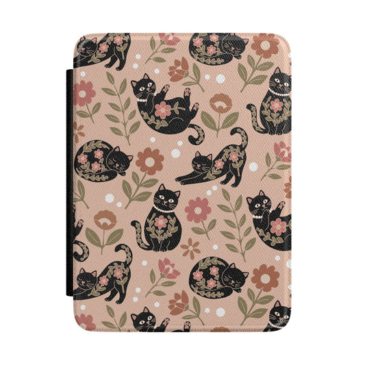 Floral black cat Kindle case, black cats and pink flowers on peach