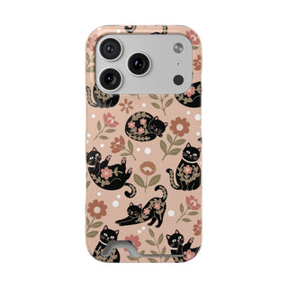Floral black cat phone case with card holder, black cats and pink flowers on peach