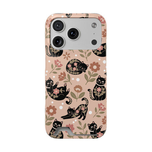Floral black cat phone case with card holder, black cats and pink flowers on peach