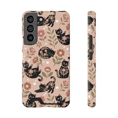 Floral black cat phone case with card slot, back view