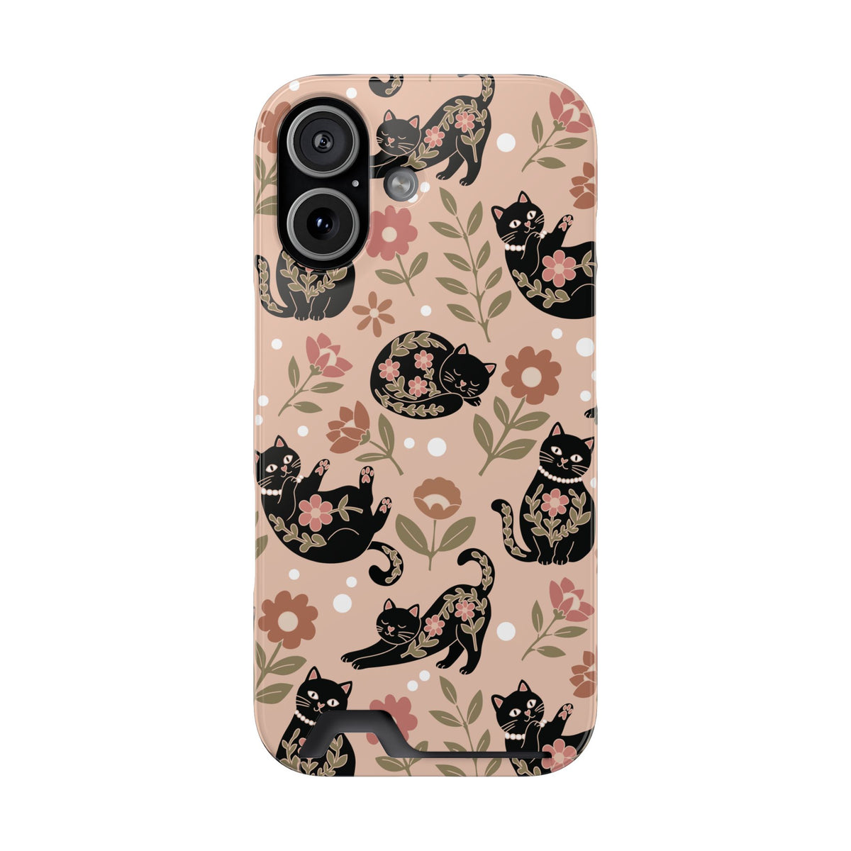 Black cat and pink flower print card holder phone case, side view