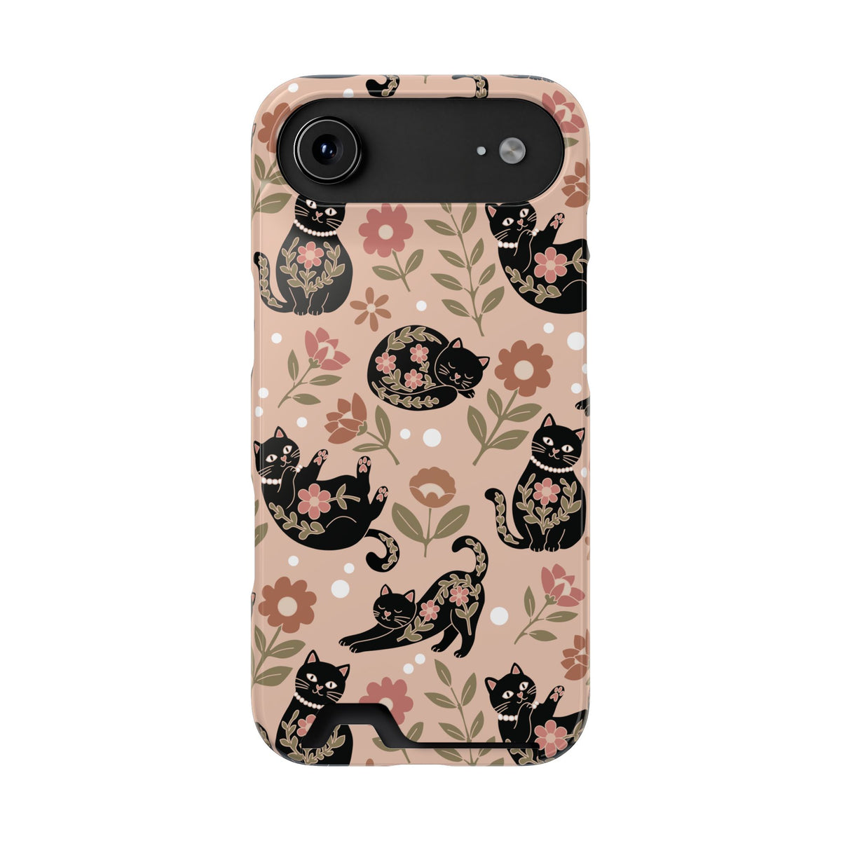 Floral black cat phone case with card holder, alternate view