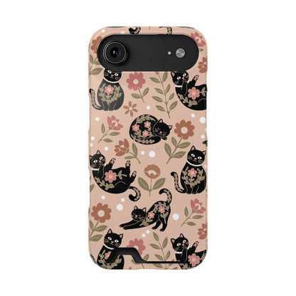 Floral black cat phone case with card holder, alternate view