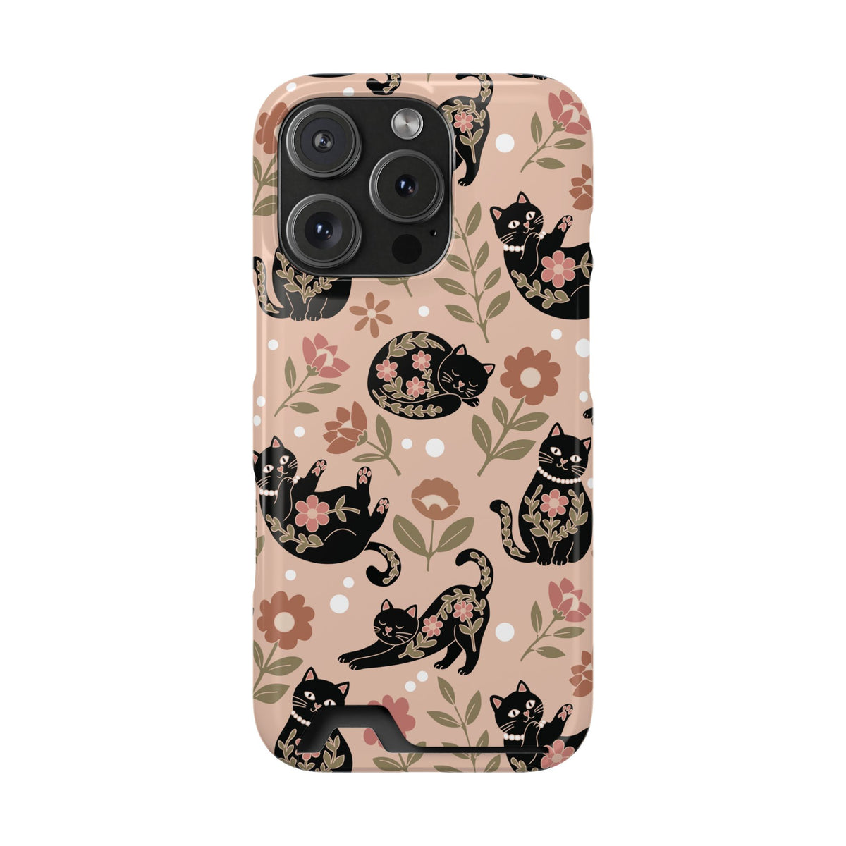 Floral black cat card holder phone case, detail view