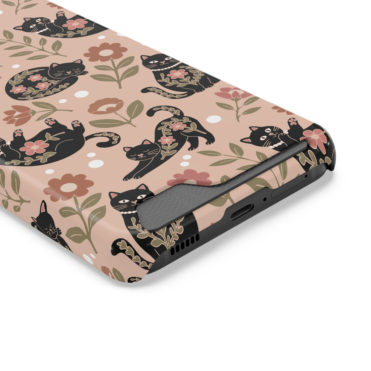 Floral black cat phone case with card slot, angled view