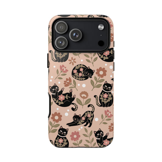 Floral black cat tough phone case, black cats and pink flowers on peach
