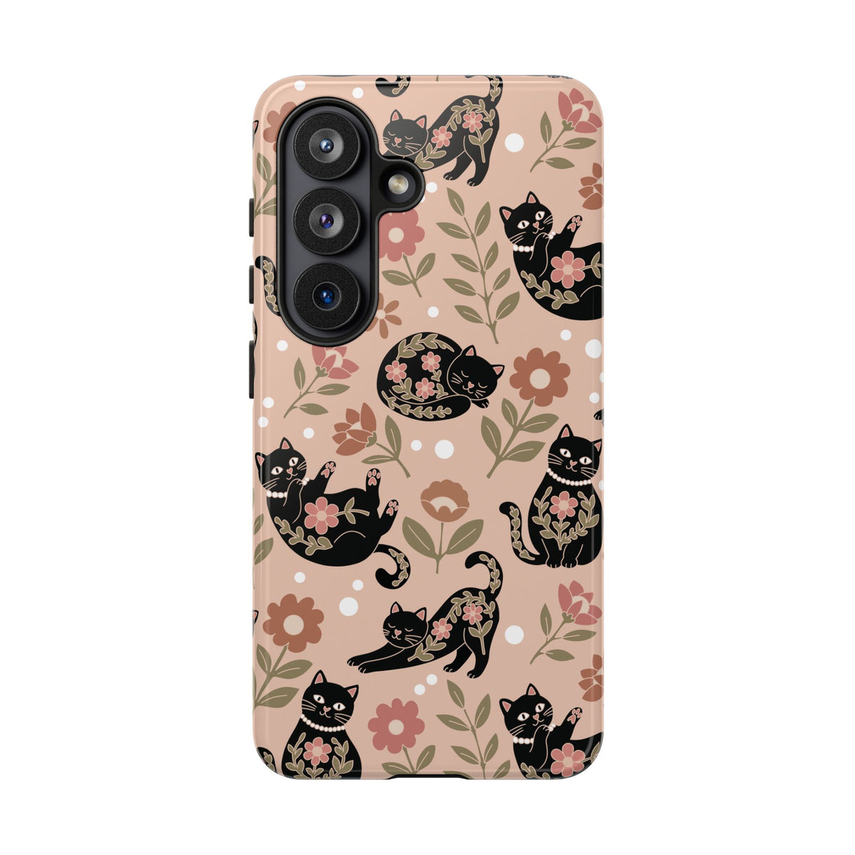 Floral black cat tough phone case, back view