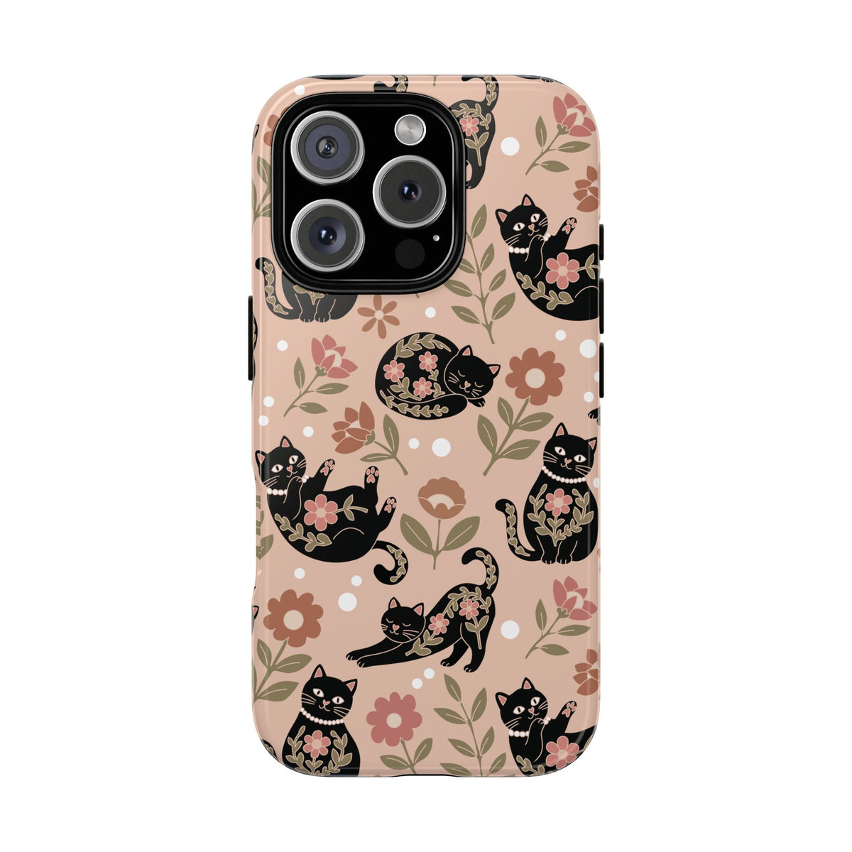 Black cat and pink flower print tough phone case, side view