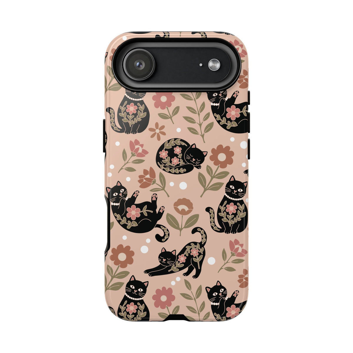 Floral black cat tough phone case, detail view