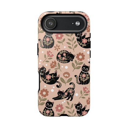 Floral black cat tough phone case, detail view