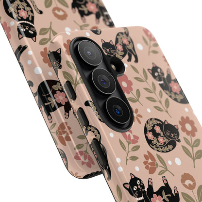 Floral black cat tough phone case, angled view