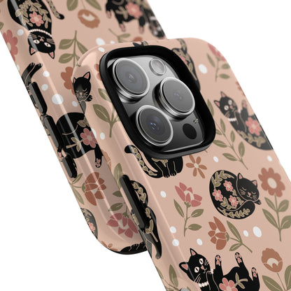 Floral black cat tough phone case, glossy or matte
