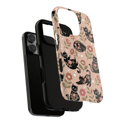 Floral black cat tough phone case, lifestyle view