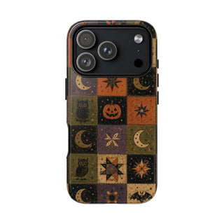 Halloween quilt tough phone case with owls, pumpkins and bats