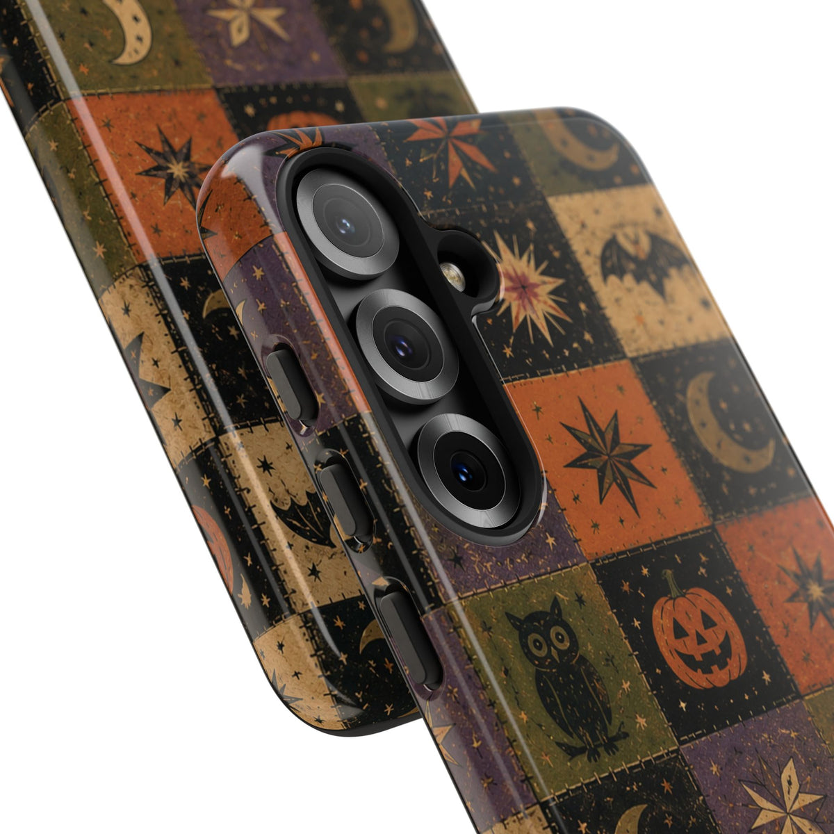 Halloween quilt tough phone case back view on the dual-layer shell