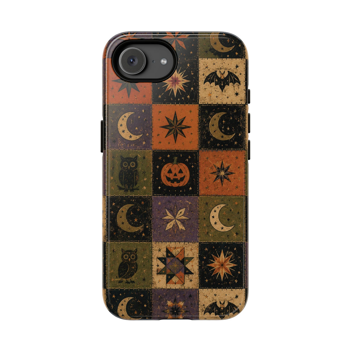 Halloween quilt tough phone case showing the raised camera edge